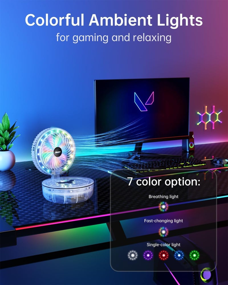 AMACOOL Transparent Folding Desk Fan, [Max 83Hrs Runtime] 20000mAh 8 Inch Rechargeable Portable Fan for Travel, 90° Oscillating 5 Speeds with Ambient Light, 8H Timer for Cruise, Camping, RV, Home - Image 4